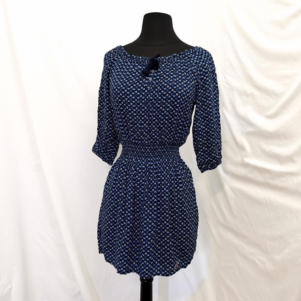 Hollister Blue Geometric Print Boho Mini Dress Smocked Waist XS